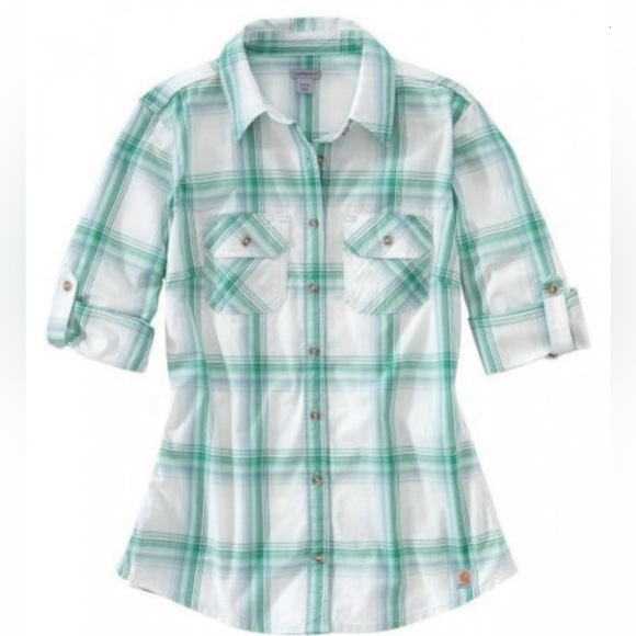 Carhartt Women’s Heron Green White Plaid 3/4 Sleeves Button Down Blouse M 8/10 - Picture 14 of 14